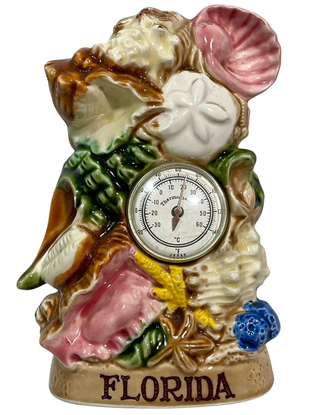 Vintage 1960s Ceramic Thermometer with Hand Painted Seashell Mid-Century Florida